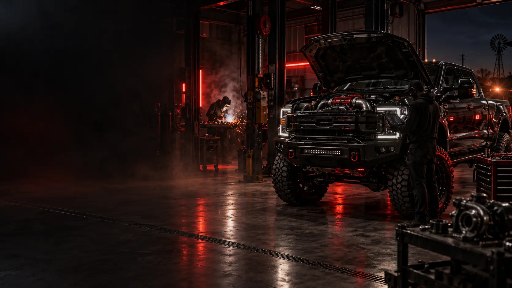 Diesel performance truck inside the 915 Industries workshop