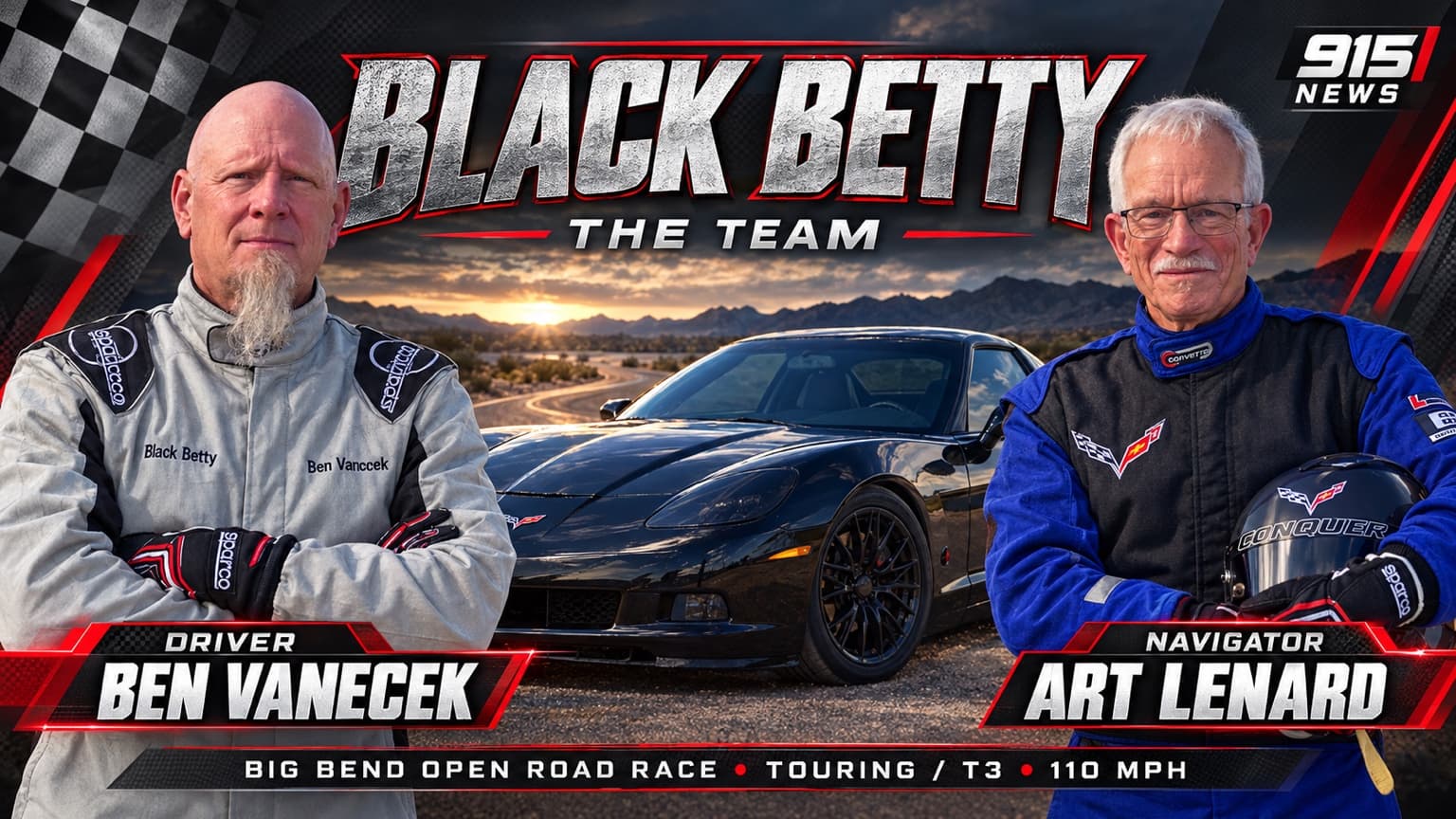 Black Betty team: driver Ben Vanecek, navigator Art Lenard, and their black C6 Corvette