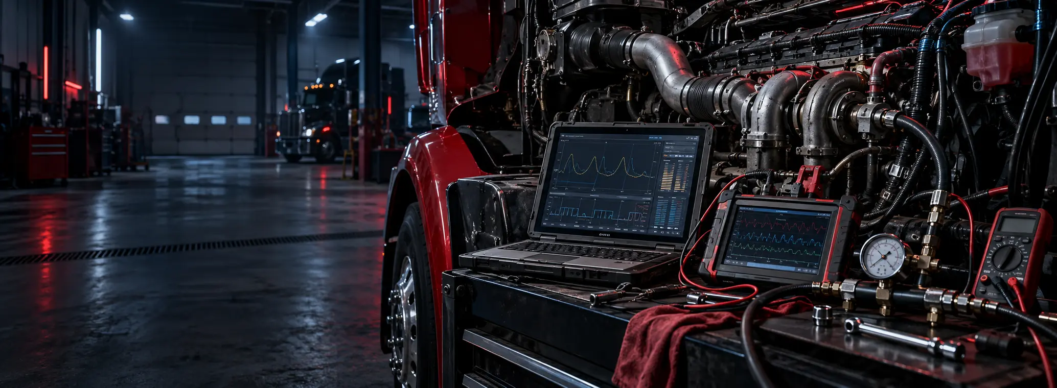 Professional diesel diagnostic equipment connected to a heavy-duty engine