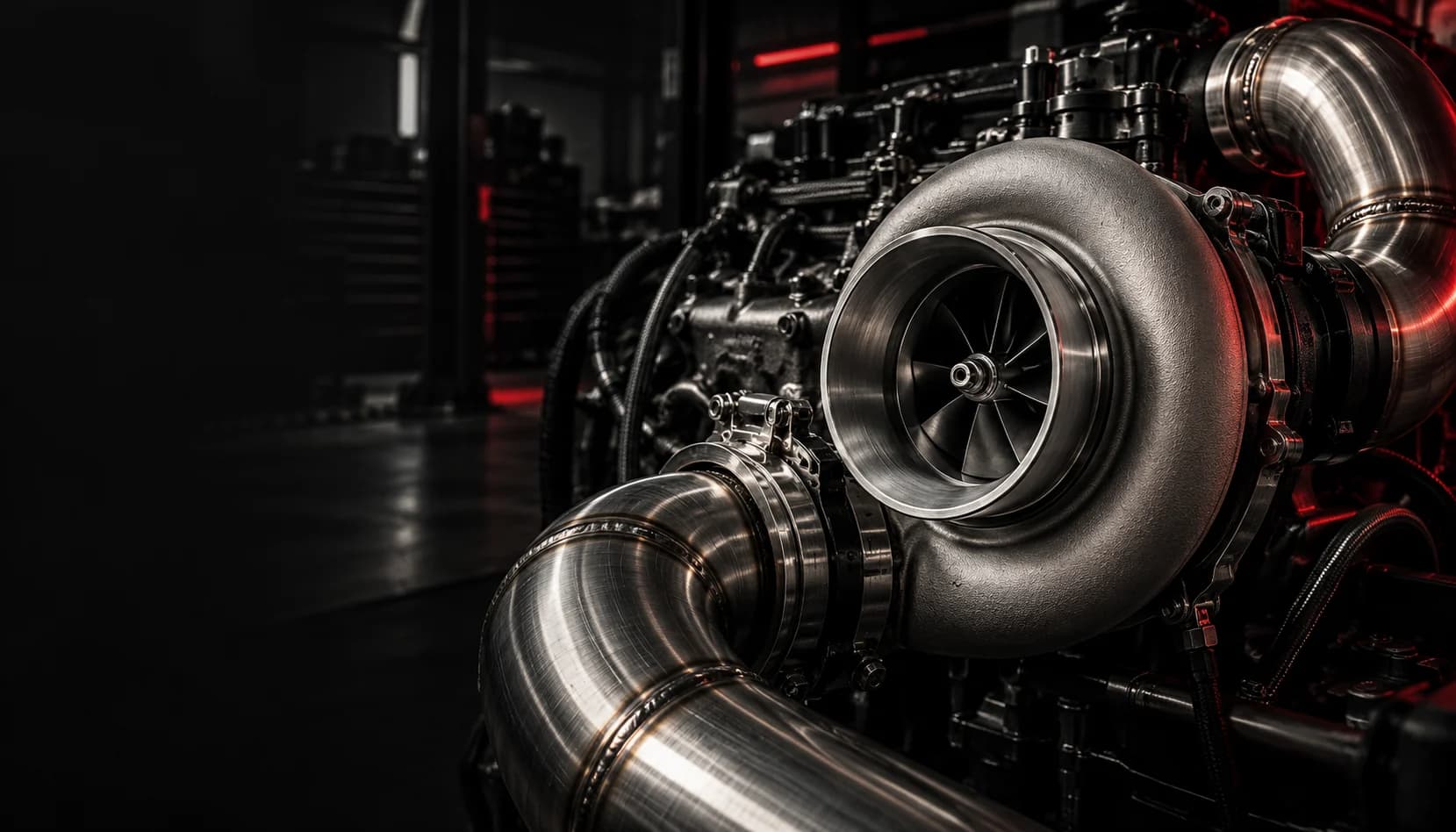 Dramatically lit turbocharger and fabricated charge piping